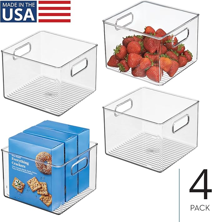 iDesign Clear Plastic Storage Bins for Kitchen - Pantry and Fridge Storage for Cabinets and Shelves, 4-Pack