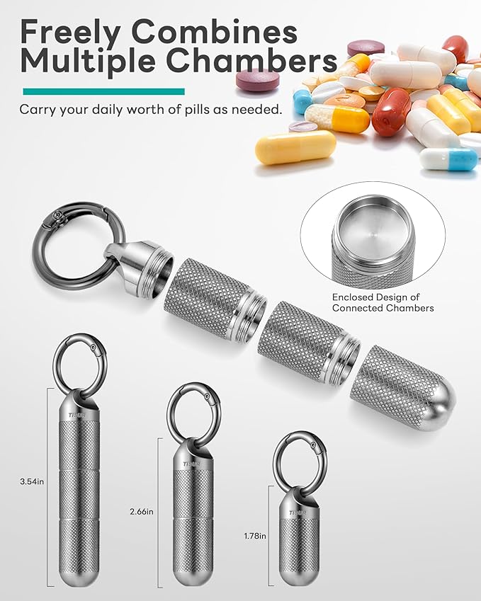 TISUR Titanium Keychain Pill Holder Small Metal Pill Case, Pill Organizer Portable Waterproof Pill Container, Travel Pill Bottle Box for Purse (Large-0.63in 3 Separate Compartments)
