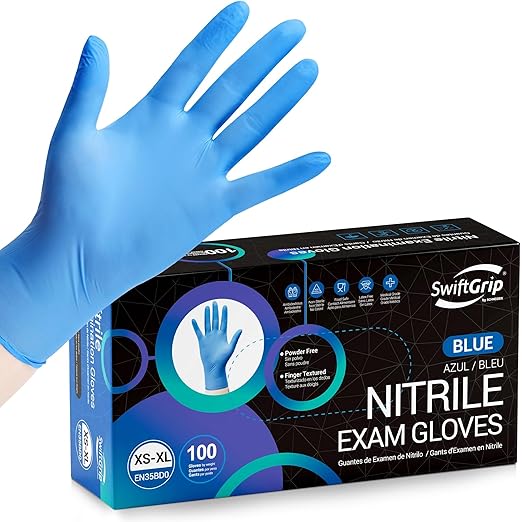 SwiftGrip Disposable Nitrile Gloves, Blue, Nitrile Gloves Disposable Latex Free, Cleaning Gloves, Food-Safe Rubber Gloves, Powder Free, Non-Sterile, 100-ct Box (X-Small)