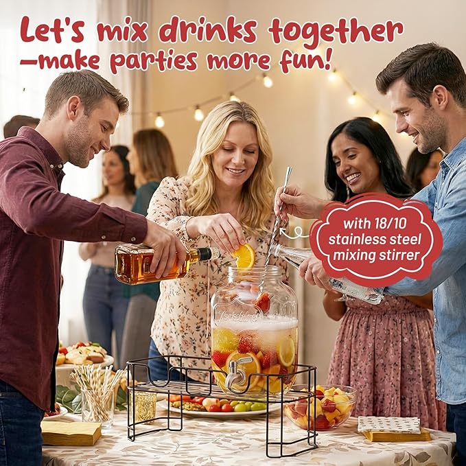 KIKCOIN 1 Gallon Glass Drink Dispensers for Parties, 2 Pack Leakproof Beverage Dispenser with Stand & 18/10 Stainless Steel Spigot & Filter -for Lemonade, Juice, Sun Tea, Punch- ALL DISHWASHER SAFE