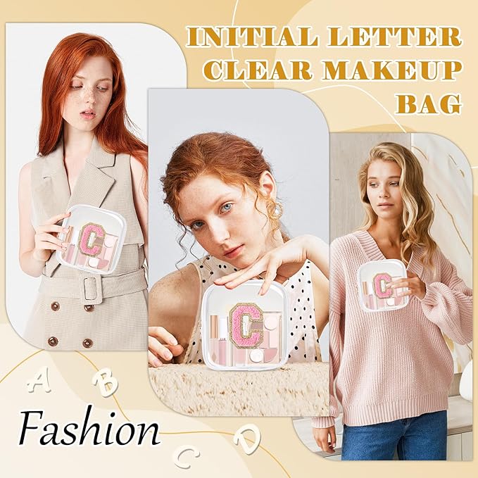 Personalized Initial Letter Clear Preppy Makeup Bag,Mini Nylon Chenille Letter Cosmetic Bag Cute Zipper Pouch Purse for Teen Girls,Portable TSA Approved Beach Travel Essentials Bag Gift for Women,C