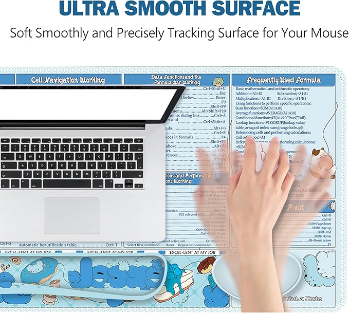 Excel Cheat Sheet Desk Pad Large Mouse Pad Set, Wrist Rest Support Desk Mat for Keyboard and Mouse, 4PCS Computer Mats XXL Non-Slip Base Mousepad Protector Office, Shortcuts Employee Appreciation