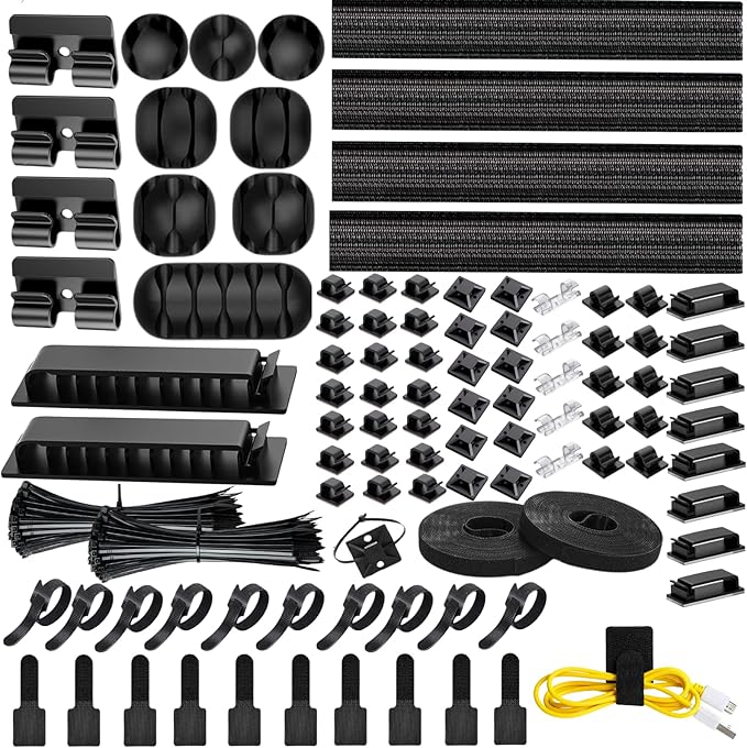 [313Pcs] Cable Management Kit, 67 Adhesive Cable Clips, Topavatop Desk Cord Organizer, 22 Reusable Cable Strap, 4 Cable Sleeve Split, 200 Nylon Cable Zip Ties with 20 Mounts for TV Office Home, Black