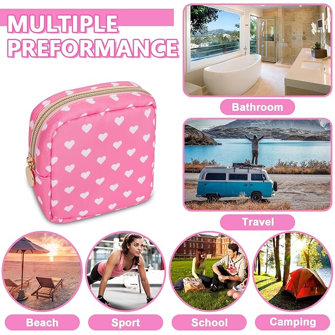 Mini Makeup Pouch for Purse, Small Cosmetic Bag Pouch Nylon Travel Toiletry Organizers for Women Girls, Cute Storage Zipper Pouch Coin Purse for School Work Camping (Mini-Pink Heart)