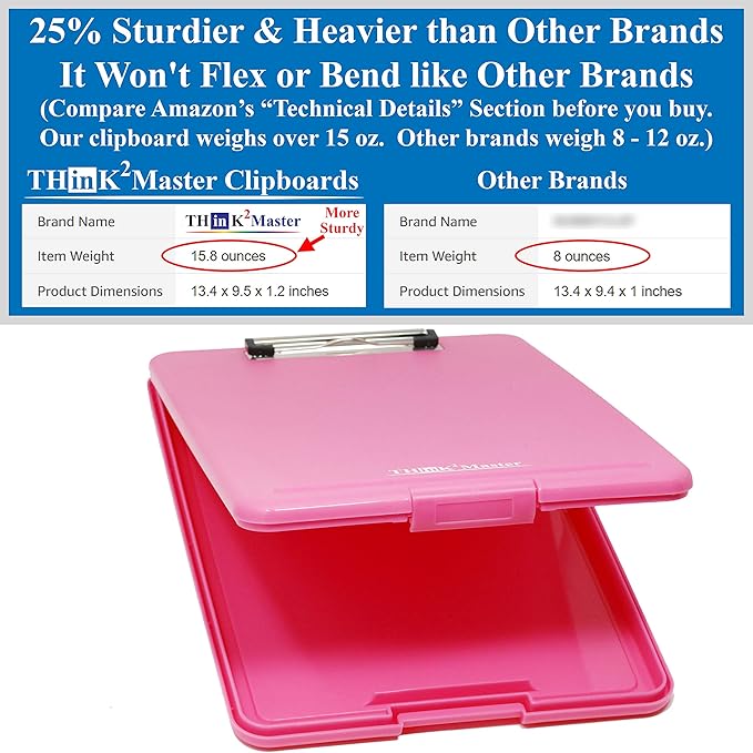 Think2Master [3 Pack] Pink Plastic Storage Clipboard. | 25% Heavier & Sturdier| Heavy Duty and Won’t Flex Like Other Brands (Compare The Weight). Storage Compartment Holds 150 Letter Sized Paper.