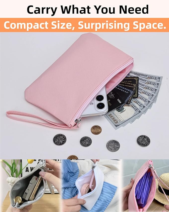 2 Pack Small Zipper Pouch Mini Makeup Bag for Purse Lipstick Cosmetic Travel Make Up Organizer for Women Essentials Feminine Products, Car Change Coin Holder 8x5 Phone Wristlet Wallet, Pink Silver