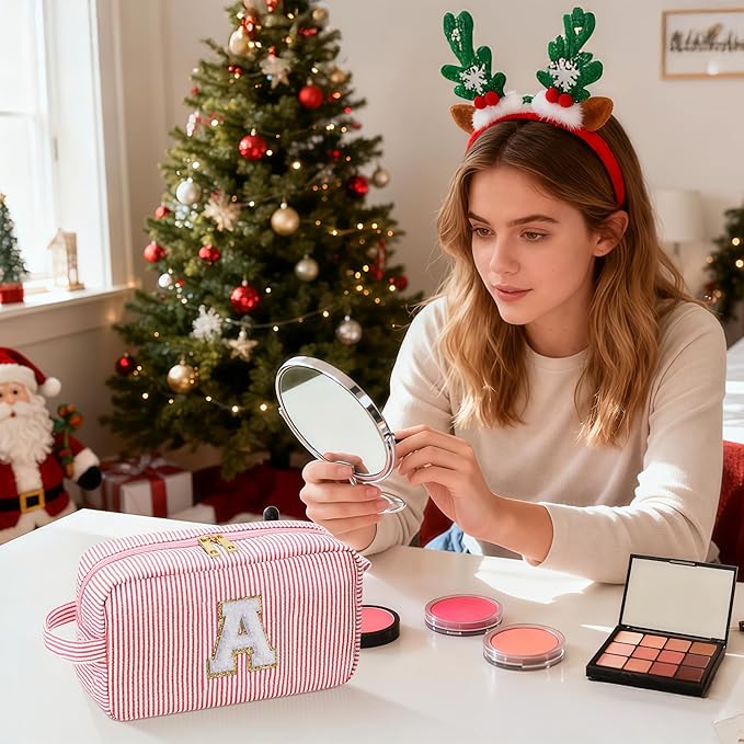 YOOLIFE Christmas Gifts for Women Teen Girls - Initial Makeup Bag Cosmetic Bag Toiletry Pouch, Personalized Birthday Gifts for Women Girls Mom Daughter Sister Friends, Pink A