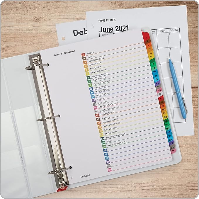 Oxford Binder Dividers, 31 Tabs, Numbered 1–31, 3 Pack, Customizable Table of Contents Page, Reversible Multicolor Tabs, 3-Hole Punched for Binders