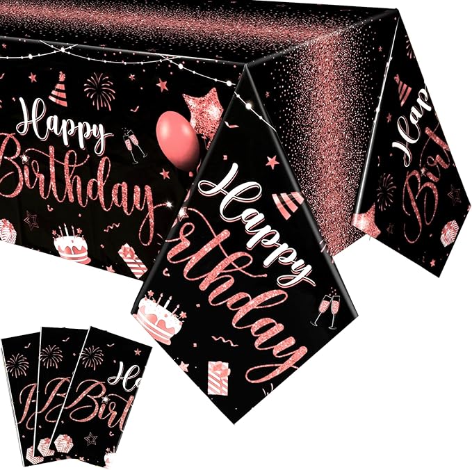 Tudomro 3 Pcs Happy Birthday Tablecloths Happy Birthday Party Decorations Plastic Table Cover Rectangular Cloths for Women Men Baby Shower Party Supplies, 108 x 54 Inch (Black Rose Gold)