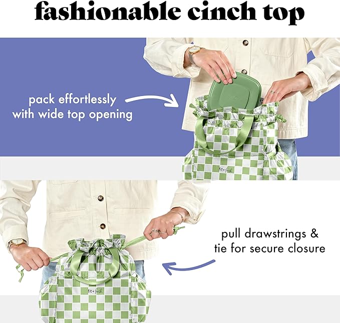 Fit & Fresh Cromwell Drawstring Lunch Bag for Women, Complete Lunch Set with 2 Containers, Stain-Resistant, Leak-Resistant, Back to School Essential, Teacher Lunchbox, Pistachio Checker Board