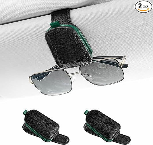 SINGARO Sunglasses Holder for Car, Leather Magnetic Buckle Sun Visor Sunglass Clip, Ticket Card Storage Glasses Clip, Car Interior Accessories for Men and Women (2PCS Black-Green)