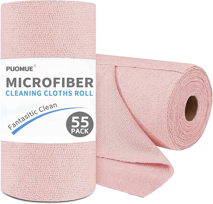 Puomue 55 Pack Microfiber Cleaning Cloth Roll, Tear Away Reusable Paper Towels, 11" X 9", Ultra Absorbent & Lint Free Microfiber Cloth for Cleaning Cars, Kitchen, Window, Home and Shop, Pink