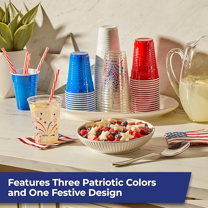 Hefty Party On Disposable Plastic Party Cups, 76 Count, 16 Oz Cups in Assorted Patriotic Colors and 18 Oz Clear Cups with Festive Firework Print for Fourth of July Celebrations and Summer Entertaining