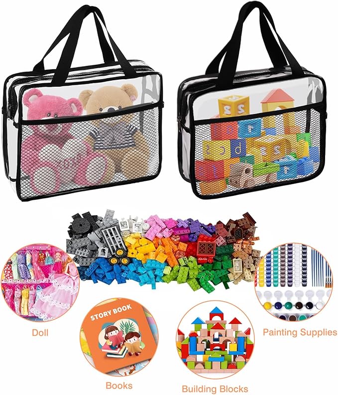 XEWEA 2PCS Middle TSA Approved Clear Travel Toiletry Bags for Men Women, Transparent Makeup Cosmetic Bag with Handle Zipper, Waterproof PVC Quart Organizer Pouch for Airport Airline Essential, Balck