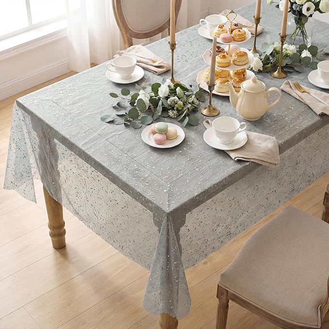 Horaldaily Grey Sliver Tablecloth 60x140 Inch Rectangular, Silver Glitter Metallic Foil, Sheer Tulle Cheesecloth for Wedding Baby Shower Ceremony Birthday
