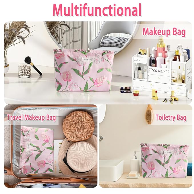 ZLFSRQ Tulip Makeup Bag for Women Floral Cosmetic Bag Pink Zipper Cosmetic Pouch for Purse Large Capacity Quilted Canvas Flower Makeup Bags Cute Aesthetic Travel Toiletry Bags Gift Skincare Organizer