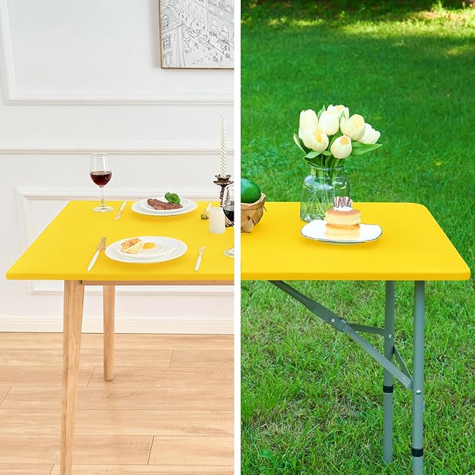 NEWISHER Fitted Rectangle Tablecloth 42 x 72 Inch Elastic Table Cloth Stretch Spandex Table Cover Gold Washable Polyester Table Top Cap Cover for Dining Picnic Camping Indoor and Outdoor