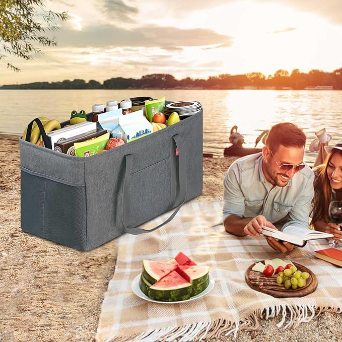 LHZK Standing Extra Large Utility Tote Bag with Metal Wire Frame and the Sides Rinforced, Extra Large Tote Bag with Handle, Reusable Grocery Bags Foldable, Beach Bag, Car Tote (Grey)