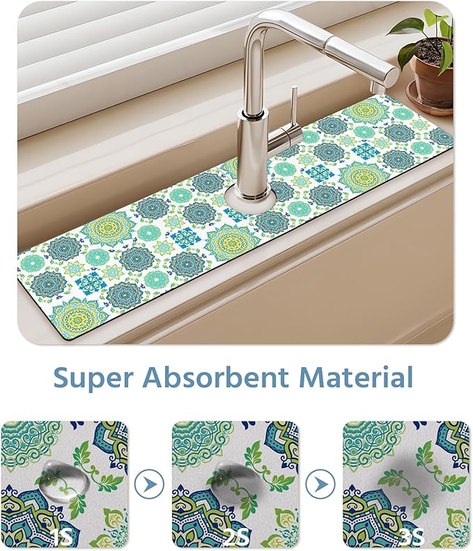 Patterned Sink Faucet Mat Kitchen Splash Guard Super Absorbent Drying Mat, Non-Slip Drain Pad for Kitchen Counter or Bathroom-24x5.5in