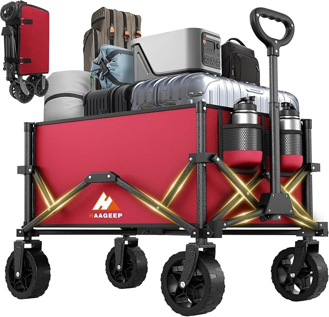 Wine Red Collapsible Wagon with Wheels, Portable Wagons Carts Foldable, Folding Wagon Cart for Groceries, Sports Garden Shopping Utility Wagon