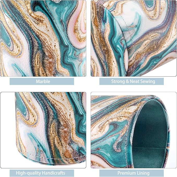 WAVEYU Pen Holder for Women Girls, Pencil Cup Marble Desk Decor, Makeup Brush Holder Large Pu Leather Multi-Functional Organizer Cup for Office, Classroom, Home, Green+Gold