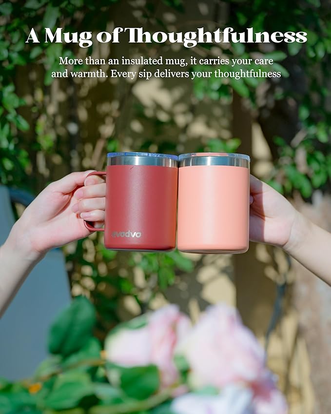 12oz Insulated Coffee Mug with Lid – Includes Two Lids, Stainless Steel Coffee Travel Mug with Handle, Double Wall Vacuum Insulated Camping Mug for Home, Office & Outdoor, Red