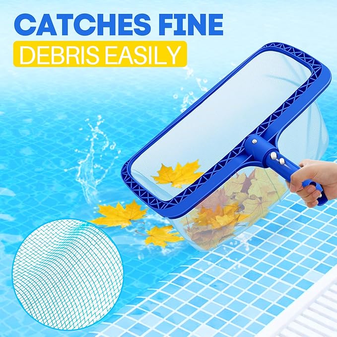 Pool Skimmer Net, Professional Swimming Pool Leaf Skimmer with Heavy Duty Frame, Fine Nylon Flat Mesh for Fast Debris Cleaning, for Above Ground & In-Ground Pools