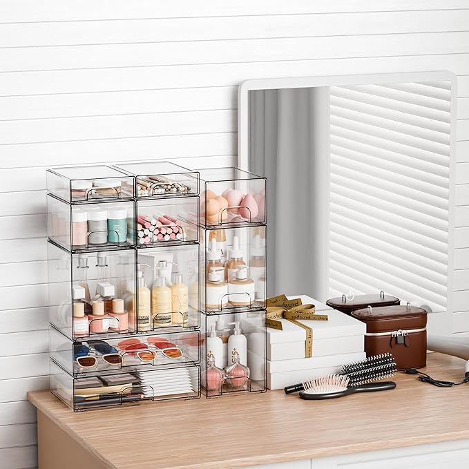 Yieach 8 Pack Small Stackable Storage Bins,Clear Acrylic Drawer Boxes,Medicine Cabinet Organizer,Plastic Containers for Organizing Vanity,Undersink,Pantry,Bathroom Makeup Organizer,Home Organization