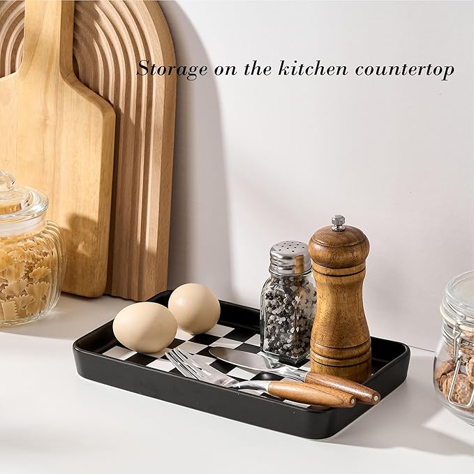 10"×6"×1" Texture Checkered Surface Bathroom Vanity Tray for Countertop- Ceramic Decorative Organizer Tray for Dresser Top, Toilet, Perfume, Sponge Holder Soap Dish Dispenser for Kitchen Counter