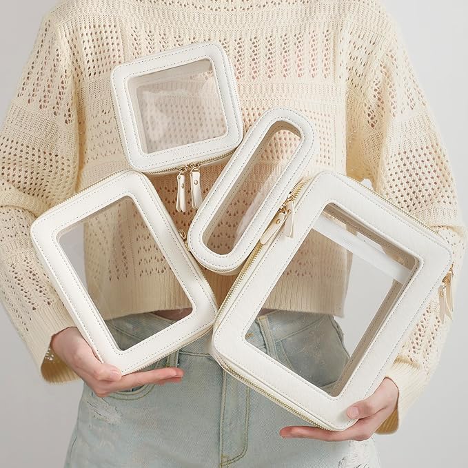 Aveniee Clear Makeup Bag Organizer Set,Portable Travel Toiletry Case for Women, Vegan Leather Cosmetic Pouch Car Bag for Essentials 2pcs,Middle & Large,Beige