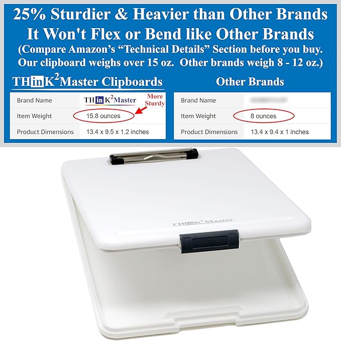 Think2Master [3 Pack] White Plastic Storage Clipboard. | 25% Heavier & Sturdier| Heavy Duty and Won’t Flex Like Other Brands (Compare The Weight). Storage Compartment Holds 150 Letter Sized Paper.