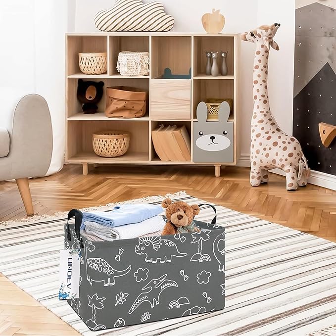 Rectangular Dinosaur Basket Waterproof Storage Bin Gift Box Children's Toy Organizer Box Room Decoration Basket(Gray Line Dinosaur)