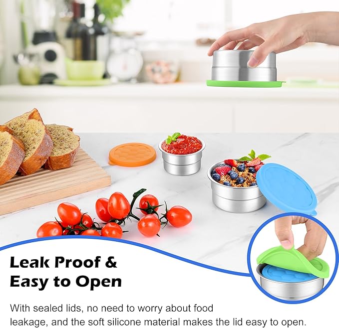 E-far Snack Containers with Lid Set of 3 (3, 6, 12.9oz), Stainless Steel Food Container for Kids Toddlers Adults, Round Metal Reusable Food Storage Box for Daycare School, Leak Proof & Stackable