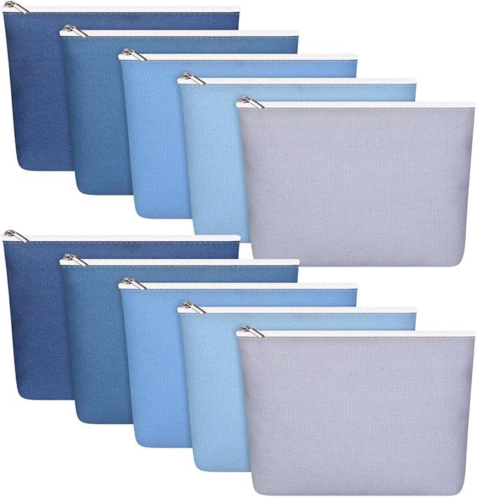 Reginary 10 Pcs Valentines Canvas Makeup Bags Bulk for Women Travel Toiletry Cosmetics Bags Blank DIY Pencil Pouch, Gift for Valentines Patrick's Day Wedding Bridal Shower Coworker(Blue)