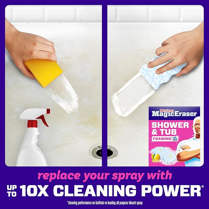 Mr. Clean Magic Eraser Sponge, Bathroom, Shower, Tub Cleaner, Soap Scum Remover, Bathroom Cleaning Supplies, Dawn Cleaning Power with Lemon Scent, Shower & Tub, 8 Count (Pack of 4)