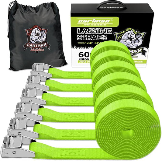 Cartman 1" x 12' Lashing Straps Cargo Tie-Down Strap Up to 600lbs, 6pk in Carry Bag, Green
