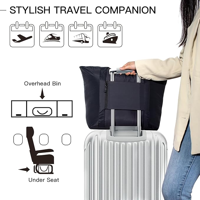 Foldable Lightweight Travel Duffel Tote Bag, Nylon and Polyester Packable Totes with Zipper, 23-28L Collapsible Compact Large for Women and Men, Black