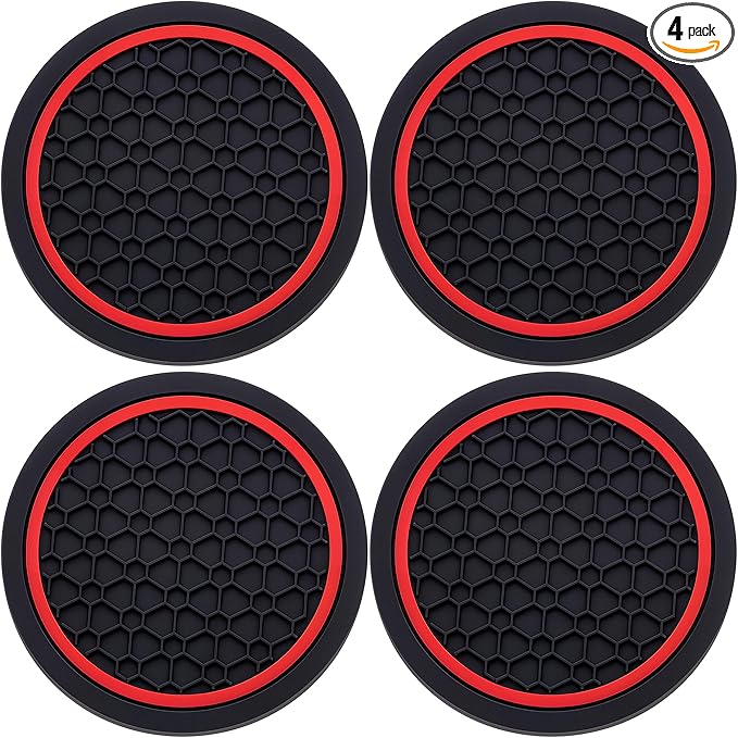 4-Piece Anti-Slip Car Cup Coaster Set – 2.75 Inch Auto Insert Drink Mats, Perfect for Coffee & Beverages – Stylish Interior Decor for Women & Girls (Black & Red)
