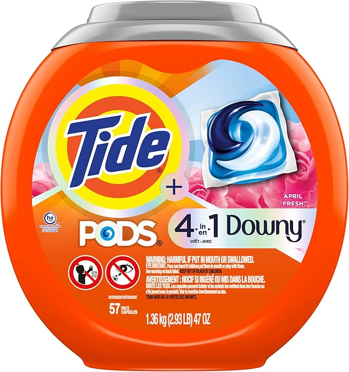 Tide PODS Laundry Detergent Soap with Downy 4-in-1 Stain Remover Freshness Softness Detergent pacs, April Fresh Scent, 57 Count