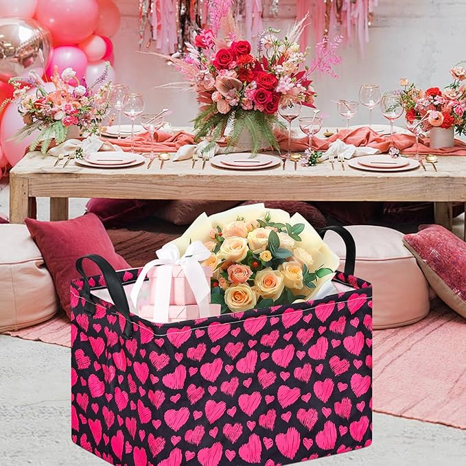 KUNRO Rectang Heart Pattern Vantine's Storage Basket Gift Shelf Basket Storage Bin, Nursery Basket Organizer Box for With Handles for Room Deco