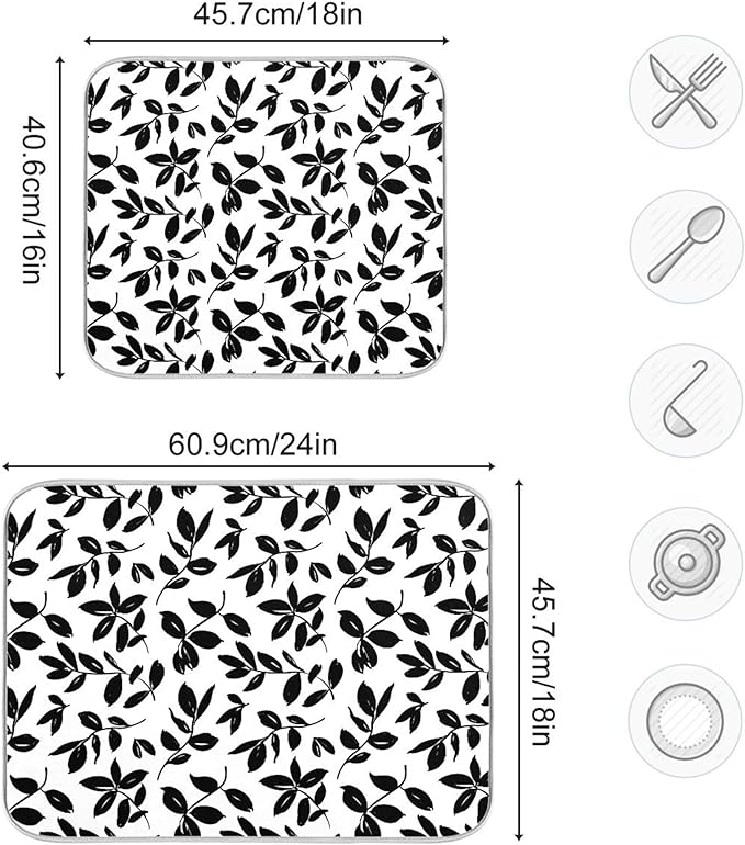 Eucalyptus Leaves Dish Drying Mat for Kitchen Countertop 18x24 Black White Floral Leaf Large Drying Mat Reusable Quick Dry Dish Sink Absorbent Mats Dishwasher Easy Clean Decorative Home Essentials