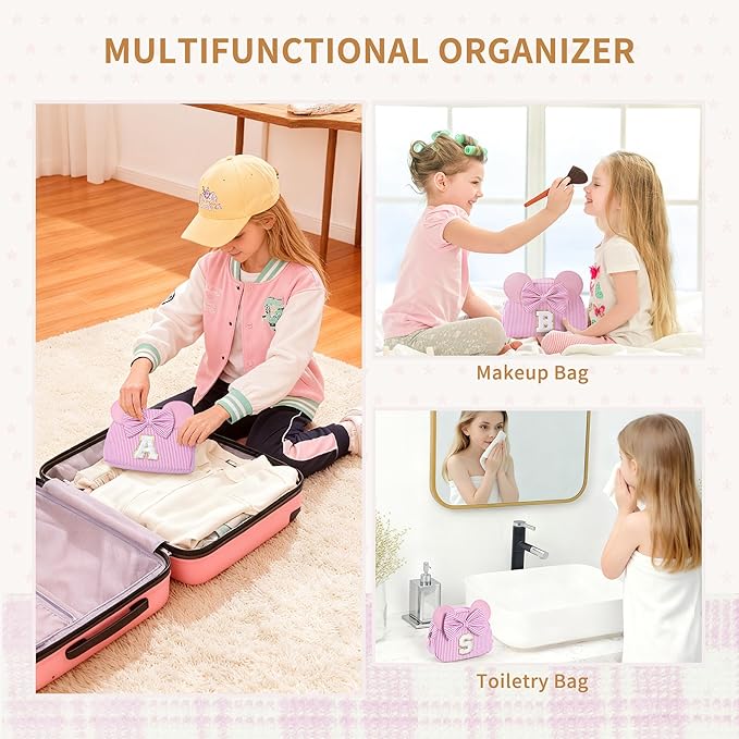 Christmas Gifts for Kids, Personalized Initial Makeup Bag Birthday Gifts for 2 3 4 5 6 7 Years Old Girl Kids Pink Initial Cosmetic Travel Toiletry Bag for Girls Sister Daughter Pink E