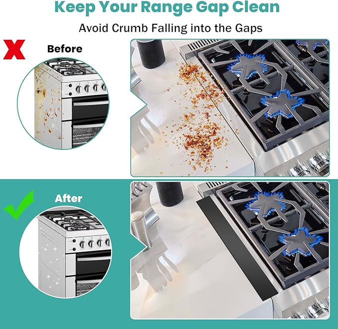 Stove Gap Covers 2PCS, Stove Gap Filler Stainless Steel,13.8'' to 27.5'' Adjustable Length,Range Trim Kit,Oven Stove Gap Guard Between Stovetop and Counter,Easy to Clean Heat Resistant, Black