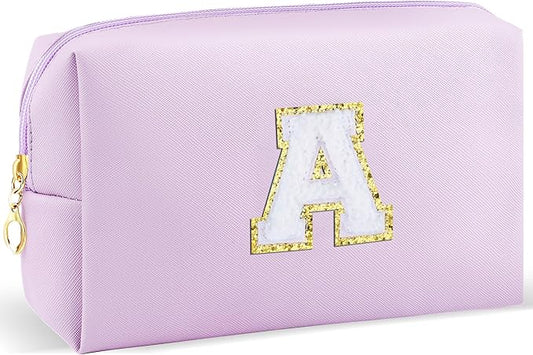 Gifts for Girls Initial Makeup Bag Personalized Cosmetic Bag with Zipper Cute Travel Toiletry Bag Waterproof PU Preppy Makeup Pouch Birthday Gift for Teen Girls Women(Purple A)