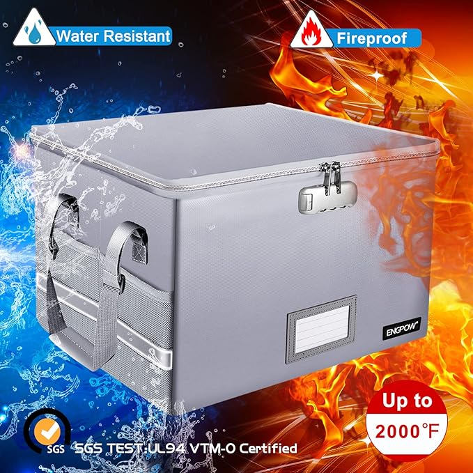 ENGPOW File Box with Lock, Fireproof Document Box with Pockets, Collapsible File Organizer Filing Storage Cabinet with Handle, Portable Home Office Safe for Hanging Letter/Legal Folders, Silver, 2 Pack