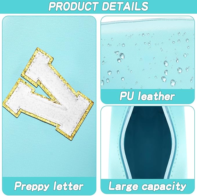 Gifts for Girls Initial Makeup Bag Personalized Cosmetic Bag with Zipper Cute Travel Toiletry Bag Waterproof PU Preppy Makeup Pouch Birthday Gift for Teen Girls Women(Blue V)