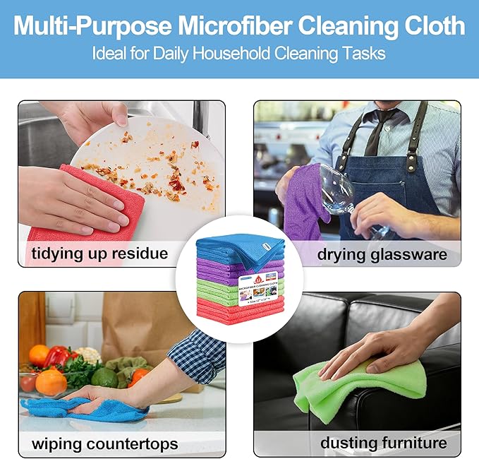 HOMERHYME Microfiber Cleaning Cloth, 12 Pack Cleaning Rags, 12" X 11" Lint Free Dish Towels Wash Cloths, Reusable Microfiber Towels for Home and Kitchen Bathroom Apartment Cleaning Supplies, Assorted