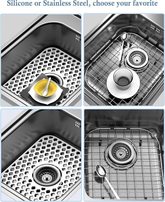 BEHOK Silicone Sink Protector for Kitchen Bathroom Sink, 2 Pack 13.58"x 11.6" Heat-resistant Mat, Non-Slip and Durable Silicone Protectors, Center Drain (White)