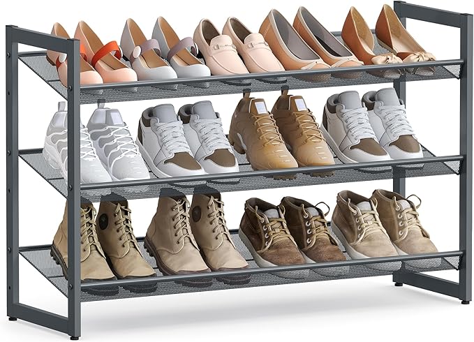 SONGMICS Shoe Rack, 3-Tier Shoe Organizer, Metal Shoe Storage for Garage, Stackable Shoe Shelf, with Adjustable Flat or Angled Shelves, 9-12 Pairs, Charcoal Grey ULMR03GB