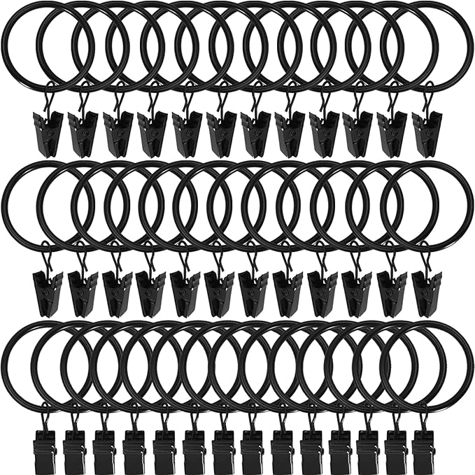 WeeksEight 44 Pack Black Curtain Rings with Clips, Curtain Hooks Hangers Clip Rings for Hanging Drapes Bows Hat, Drapery Rings 1 in I D, Fits up to 5/8 in Diameter Curtain Rod.